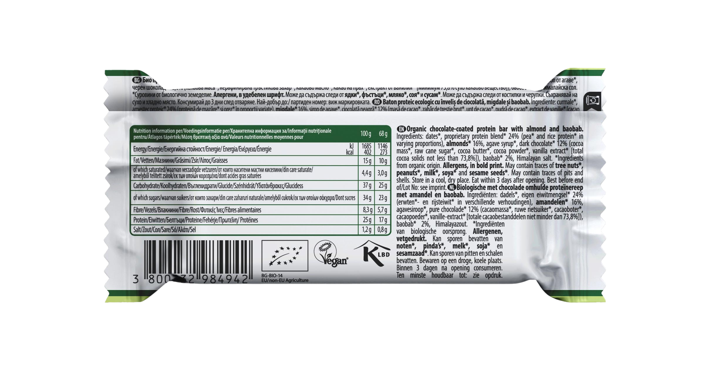 The Barbarian – Baton Proteic Eco cu Ciocolată, Migdale și Baobab, Vegan și Fără Gluten