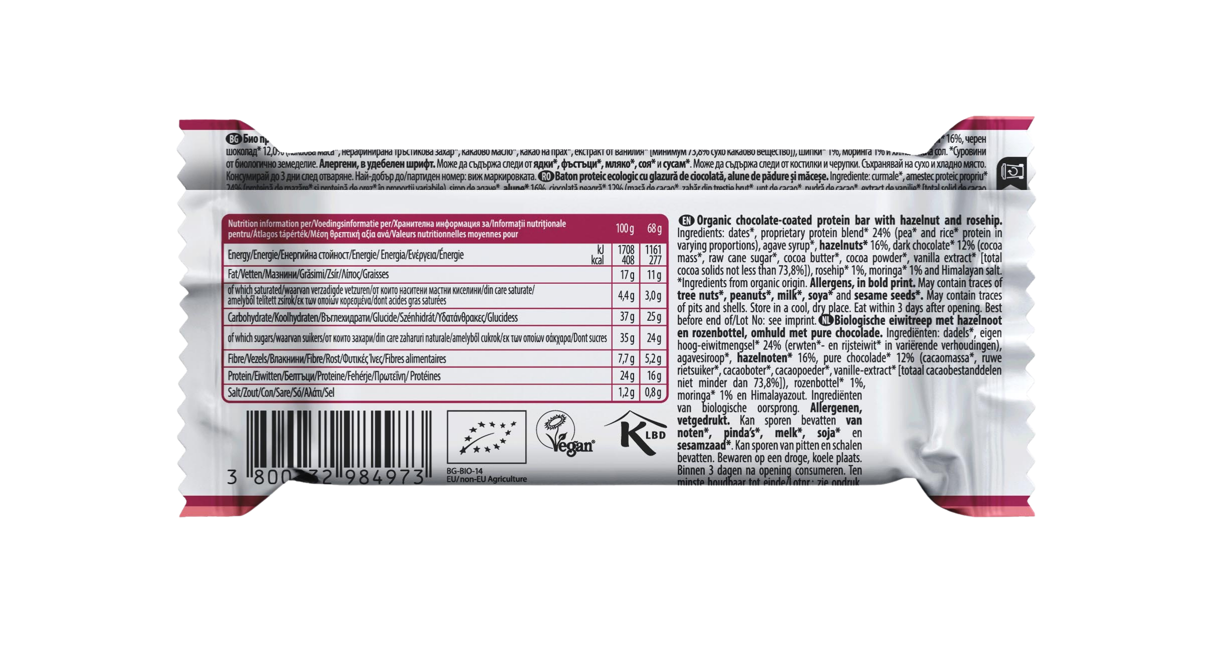 Baton Proteic Vegan -The Barbarian cu alune de padure şi macese, organic, bio
