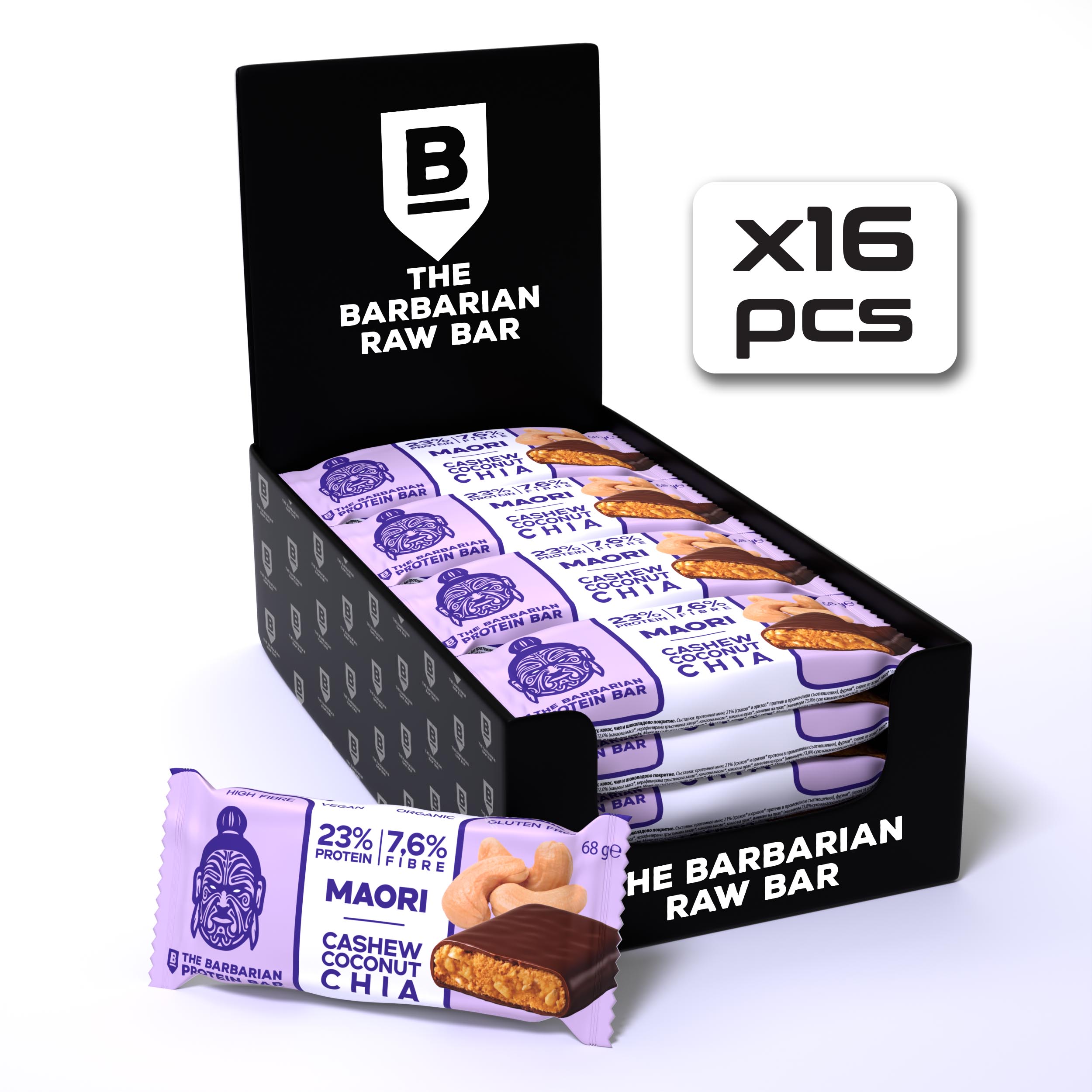 The Barbarian – Baton Proteic Eco cu Ciocolată, Caju, Cocos și Chia, Vegan și Fără Gluten