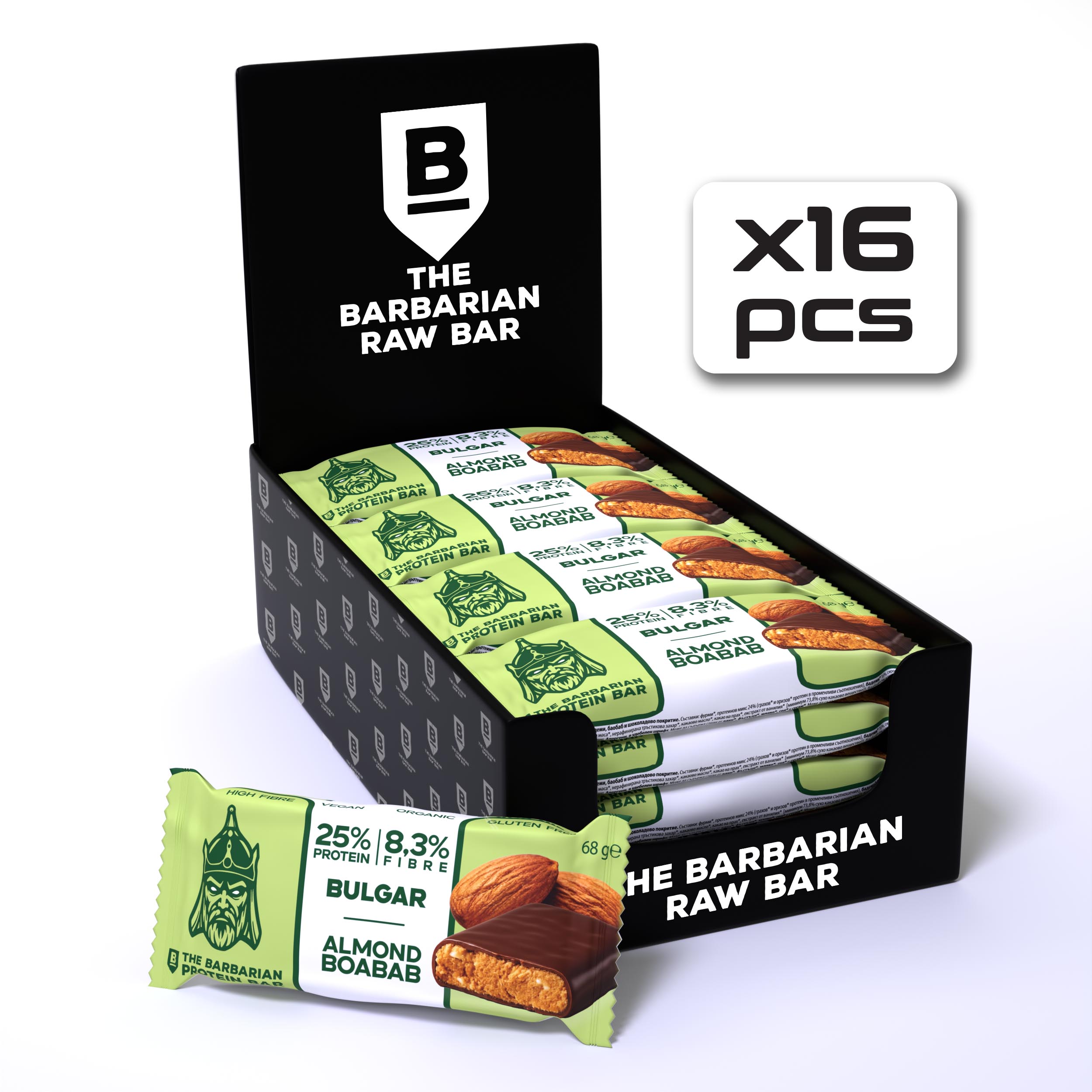 The Barbarian – Baton Proteic Eco cu Ciocolată, Migdale și Baobab, Vegan și Fără Gluten