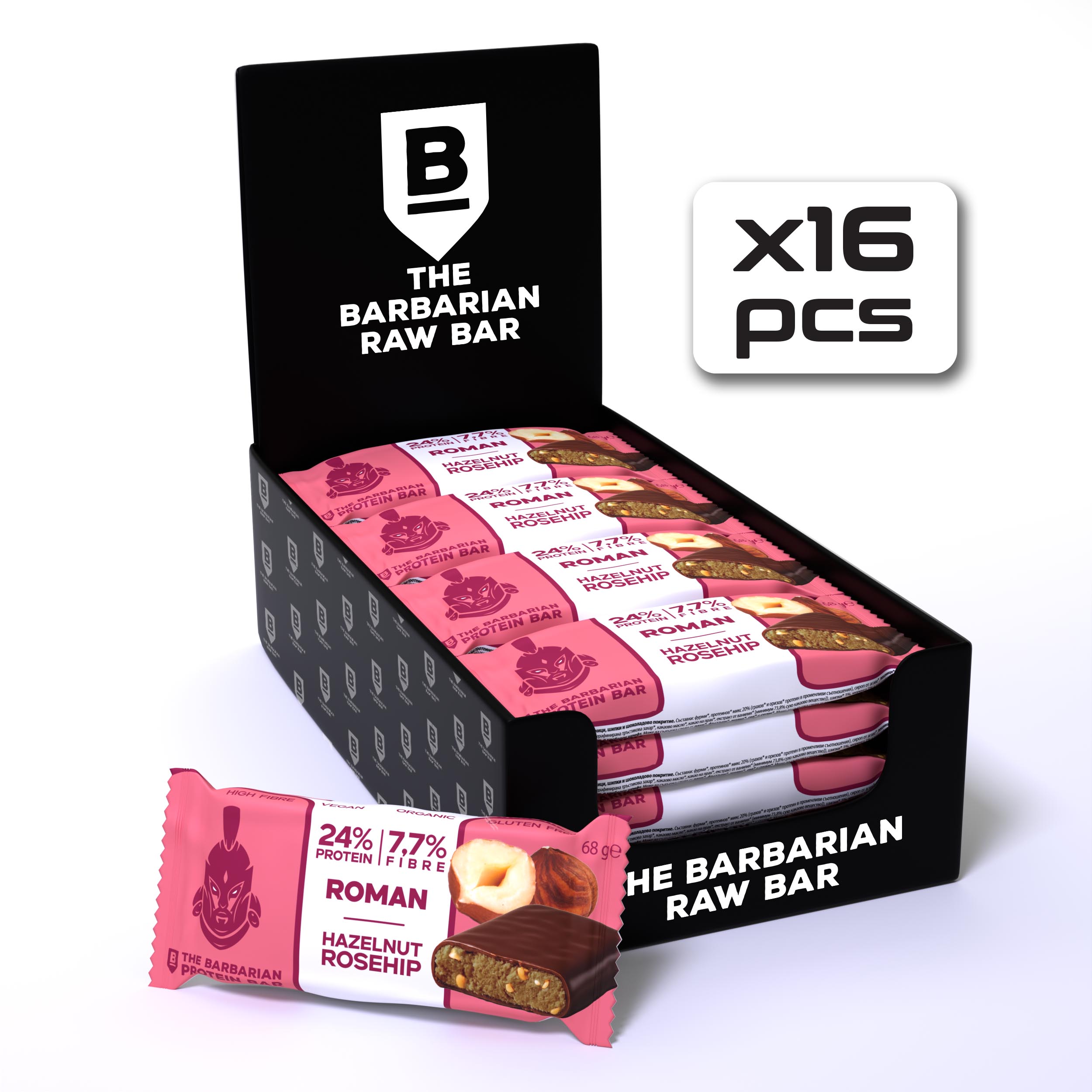 Baton Proteic Vegan -The Barbarian cu alune de padure şi macese, organic, bio