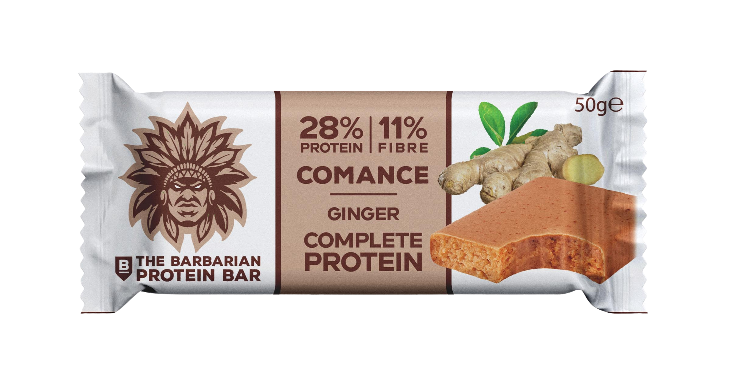 Barbarian Comanche Ghimbir – Baton Proteic Eco cu Nivel Ridicat de Proteine, Fără Zahăr Adăugat, Vegan și Fără Gluten